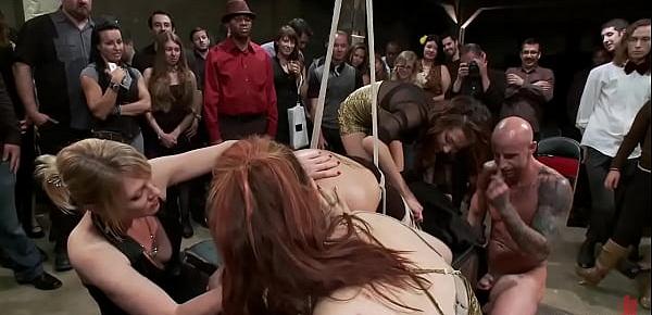 Busty babe dp ffm fucked in public